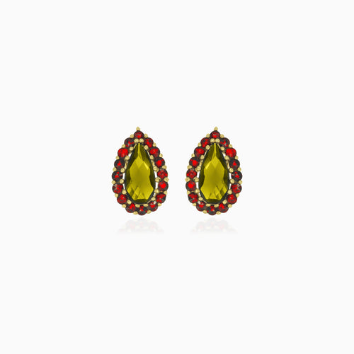 Majestic Harmony drop earrings in gold with pear moldavite and round  garnet