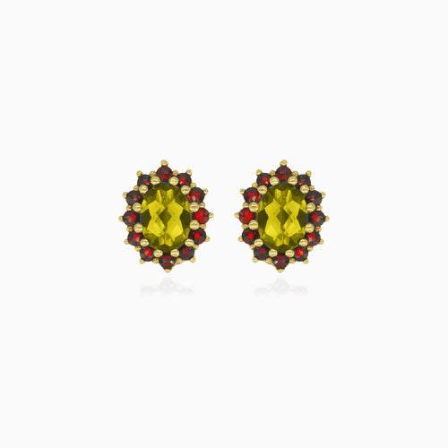 Boucles d’oreilles pendantes Royal Radiance en or avec moldavite taille ovale et grenat taille ronde