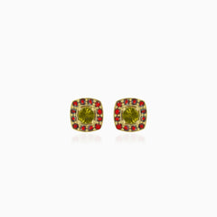Eternal Radiance stud earrings in gold with  moldavite and garnet