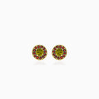 Harmony earrings in yellow gold with moldavite and  garnet