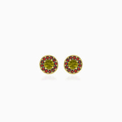 Harmony earrings in yellow gold with moldavite and  garnet