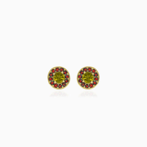 Harmony earrings in yellow gold with moldavite and  garnet