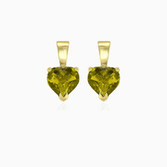 Boucles d'oreilles pendantes en or jaune avec moldavite en forme de cœur