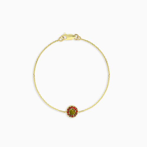 Pulsera Harmony en oro amarillo con moldavita y granate