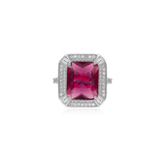 Silver halo ring with square synthetic ruby