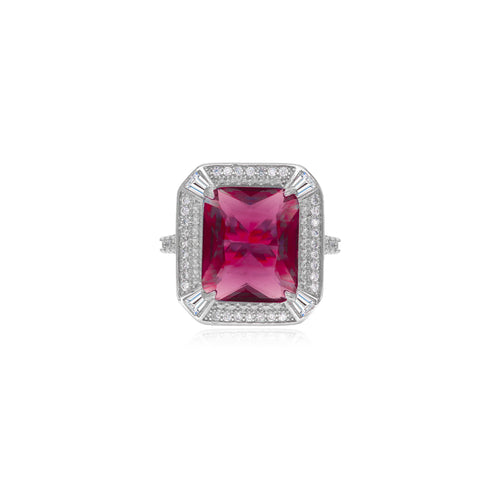 Silver halo ring with square synthetic ruby