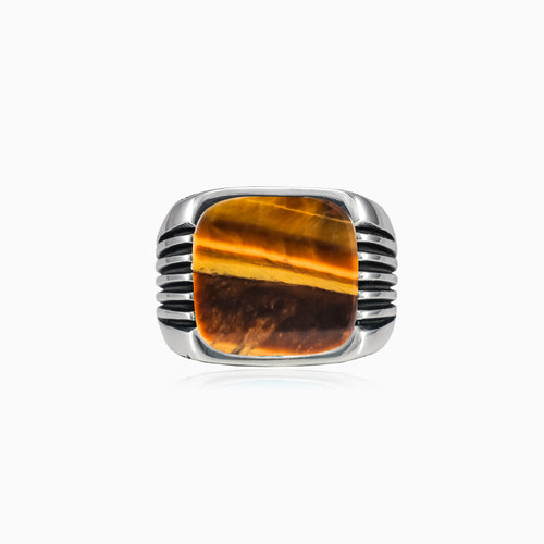 Cushion cut tigers eye men ring with side lines