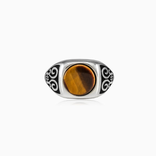 Round cut tigers eye men ring in sterling silver