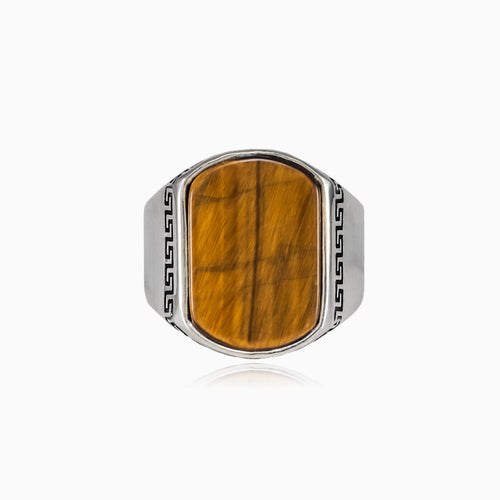 Radiant cut tigers eye men ring with greek pattern