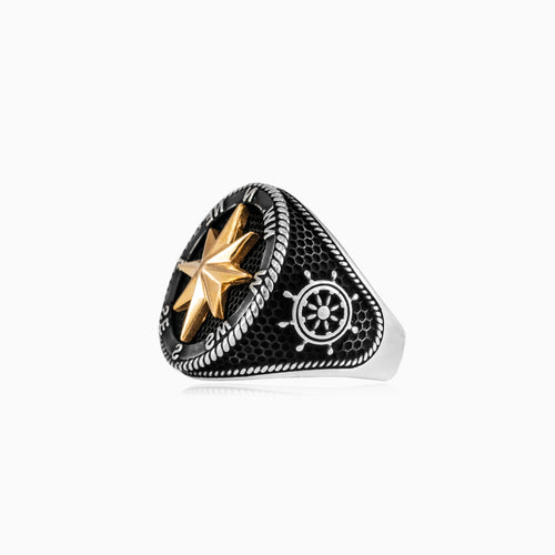Silver wind rose men ring