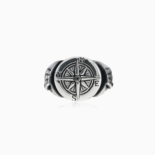 Sterling silver wind rose men ring with winged sides
