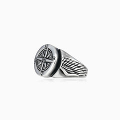 Sterling silver wind rose men ring with winged sides