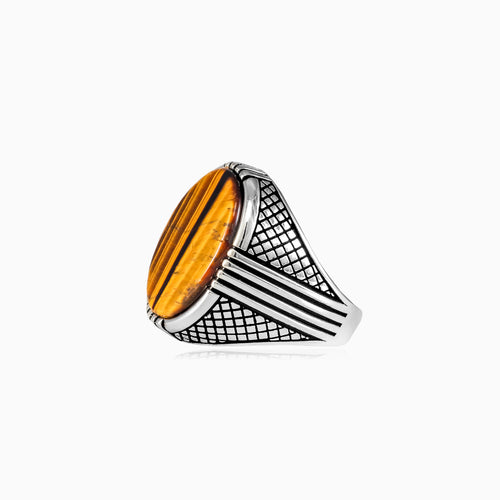 Oval cut tigers eye men ring in sterling silver