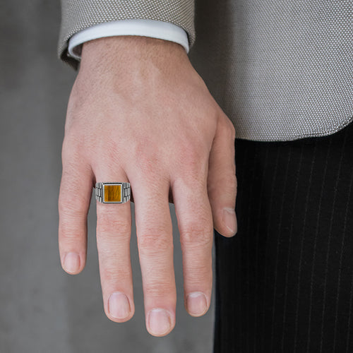 Square cut tigers eye men ring in sterling silver