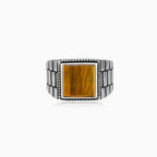 Square cut tigers eye men ring in sterling silver