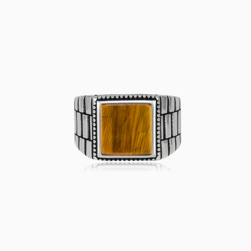 Square cut tigers eye men ring in sterling silver