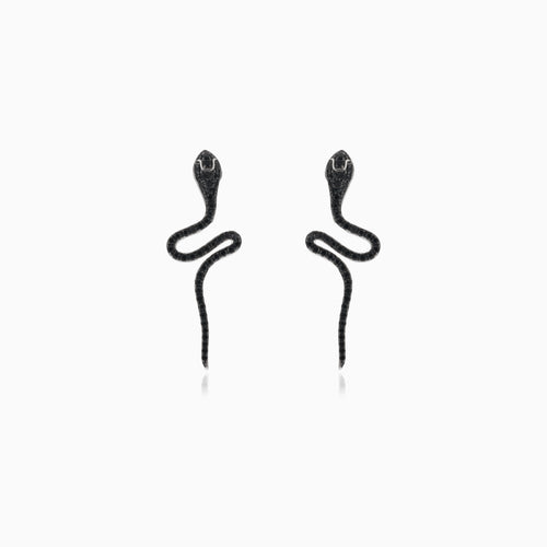 Silver snake earrings with black cubic zirconia