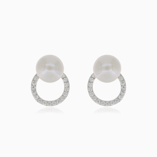 Pendientes de plata con perla y círculo con circonitas cúbicas