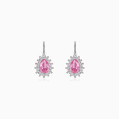 Boucles d'oreilles pendantes en argent sterling avec quartz rose taille poire et halo.