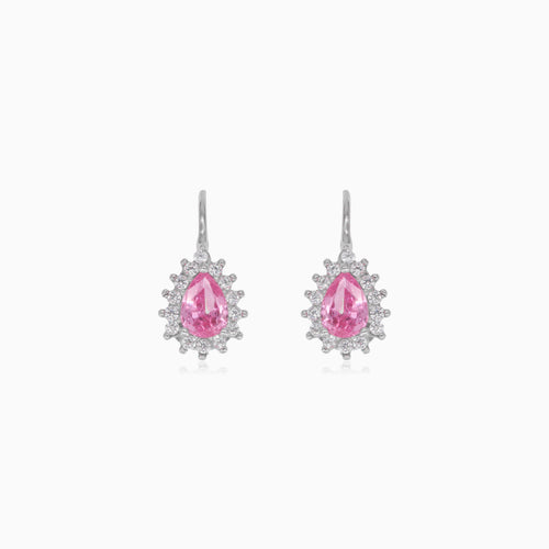 Boucles d'oreilles pendantes en argent sterling avec quartz rose taille poire et halo.