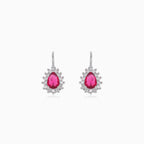 Halo pear cut ruby on sterling silver drop earrings