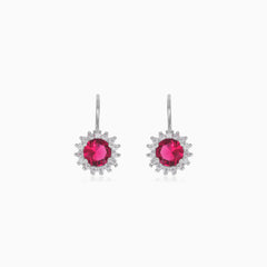 Halo sterling silver drop earrings with synthetic ruby