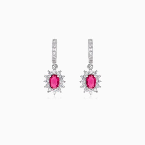 Boucles d’oreilles pendantes en argent halo avec rubis synthétique
