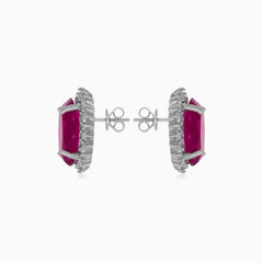 Halo oval cut ruby on sterling silver earrings