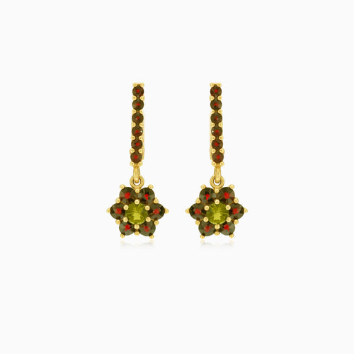 Boucles d’oreilles pendantes en motif fleur avec grenat et moldavite