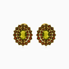 Garnet and moldavite gold drop earrings
