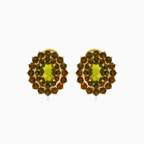Garnet and moldavite gold drop earrings