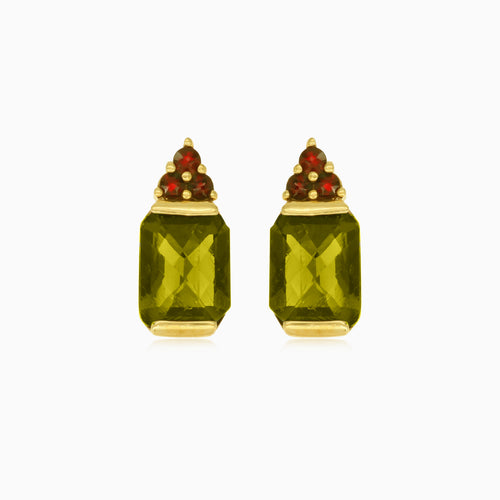 Boucles d’oreilles en or avec grenat et moldavite rayonnants