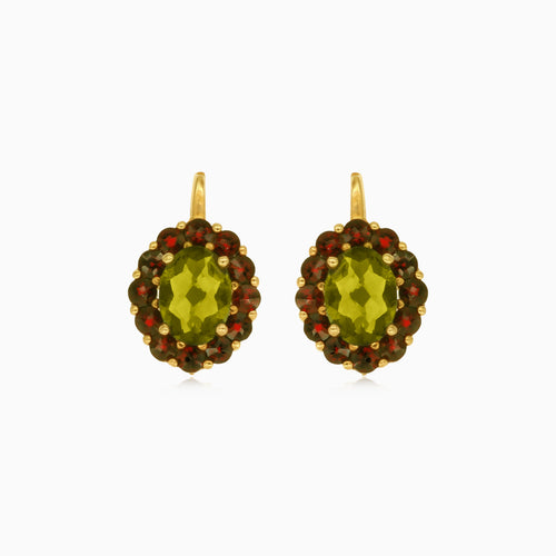 Boucles d’oreilles pendantes en or avec grenat et moldavite