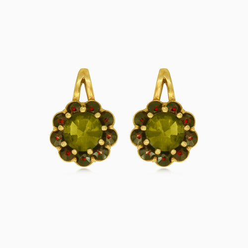 Boucles d’oreilles royales en or 14 carats avec moldavite et grenat