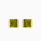 Pendientes de botón de oro con moldavita de corte princesa cuadrado
