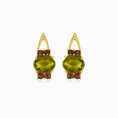 Boucles d'oreilles en or 14 carats, grenat et moldavite intemporelles