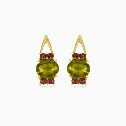 Boucles d'oreilles en or 14 carats, grenat et moldavite intemporelles