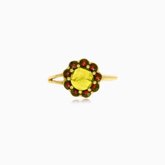 Anillo floral para mujer con moldavita y granate
