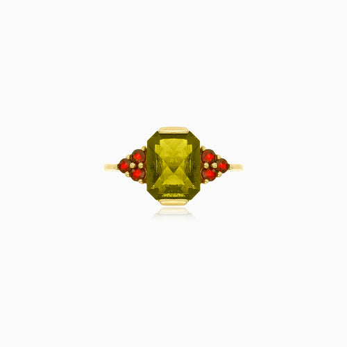 Radiant allure moldavite and garnet elegance ring