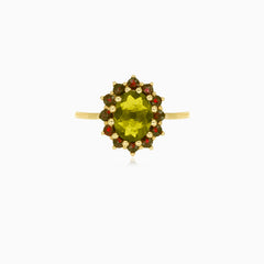 Royal Radiance Ring in Gelbgold mit Moldavit und Granat