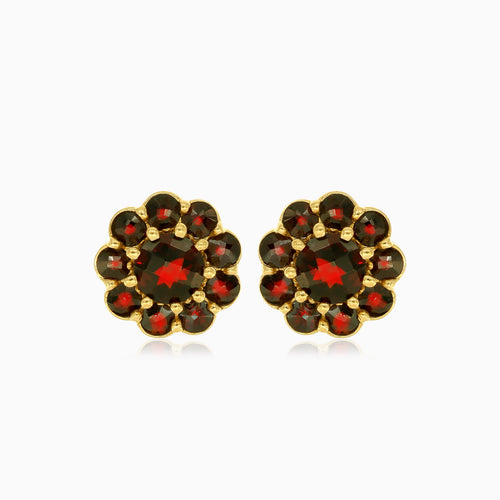 Kruhové granátové zlaté květinové naušnice