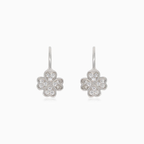 Silver four-leaf clover drop earrings
