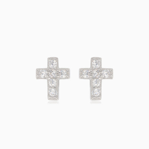 Boucles d’oreilles puces croix en argent avec zircons cubiques