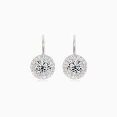 Silver halo drop earrings with round cubic zirconia