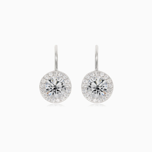 Silver halo drop earrings with round cubic zirconia