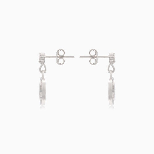 Silver stud earrings with half-ring cubic zirconia dangles