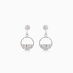 Silver stud earrings with half-ring cubic zirconia dangles