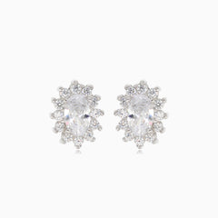 Silver halo earrings with oval cubic zirconia