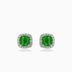Silver stud earrings with square synthetic emerald