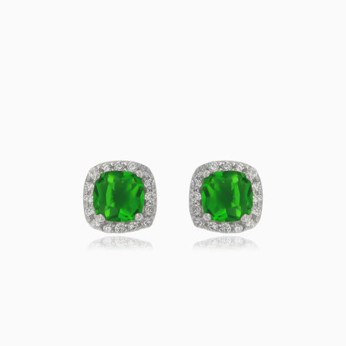 Silver stud earrings with square synthetic emerald